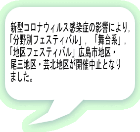 新型コロナウィルス感染症の影響により, 「分野別フェスティバル」,「舞台系」, 「地区フェスティバル」広島市地区・ 尾三地区・芸北地区が開催中止となり ました。